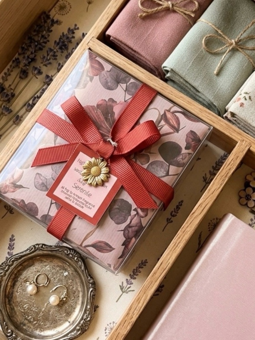 🌹 Serenity 12 Floral Sachets Gift with Gold Sunflower Charm - Red